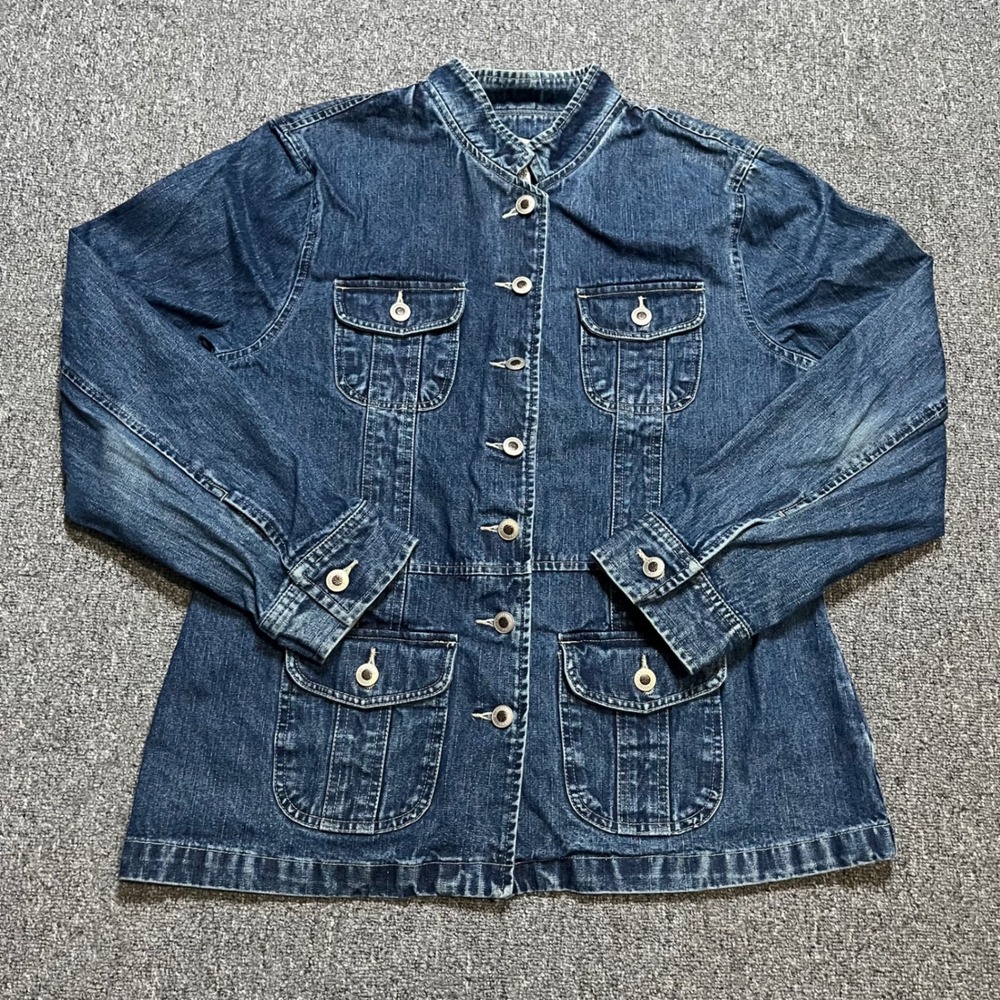 Caribbean Joe Denim Jacket Womens Large Blue Cotton Utility Mandarin Collar Coat